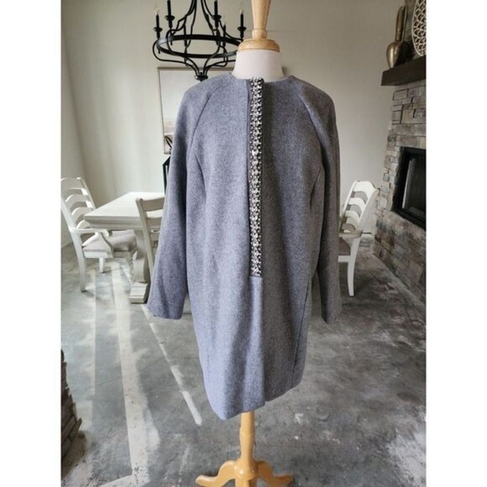 Liz Claiborne‎ Grey Wool Blend Embellished Studded Long Peacoat Coat Size Large